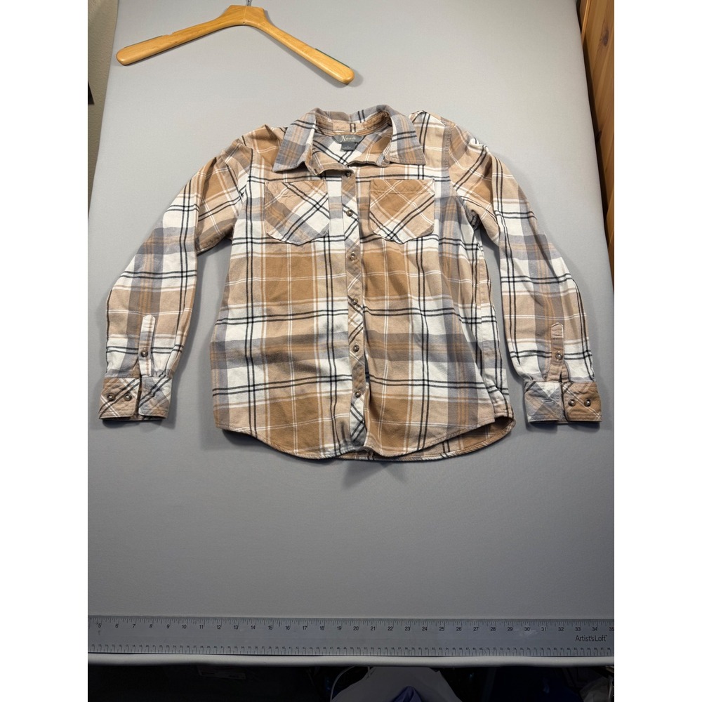 Natural Reflections Womens Small Tan Plaid Flannel Button Down Shirt Cotton